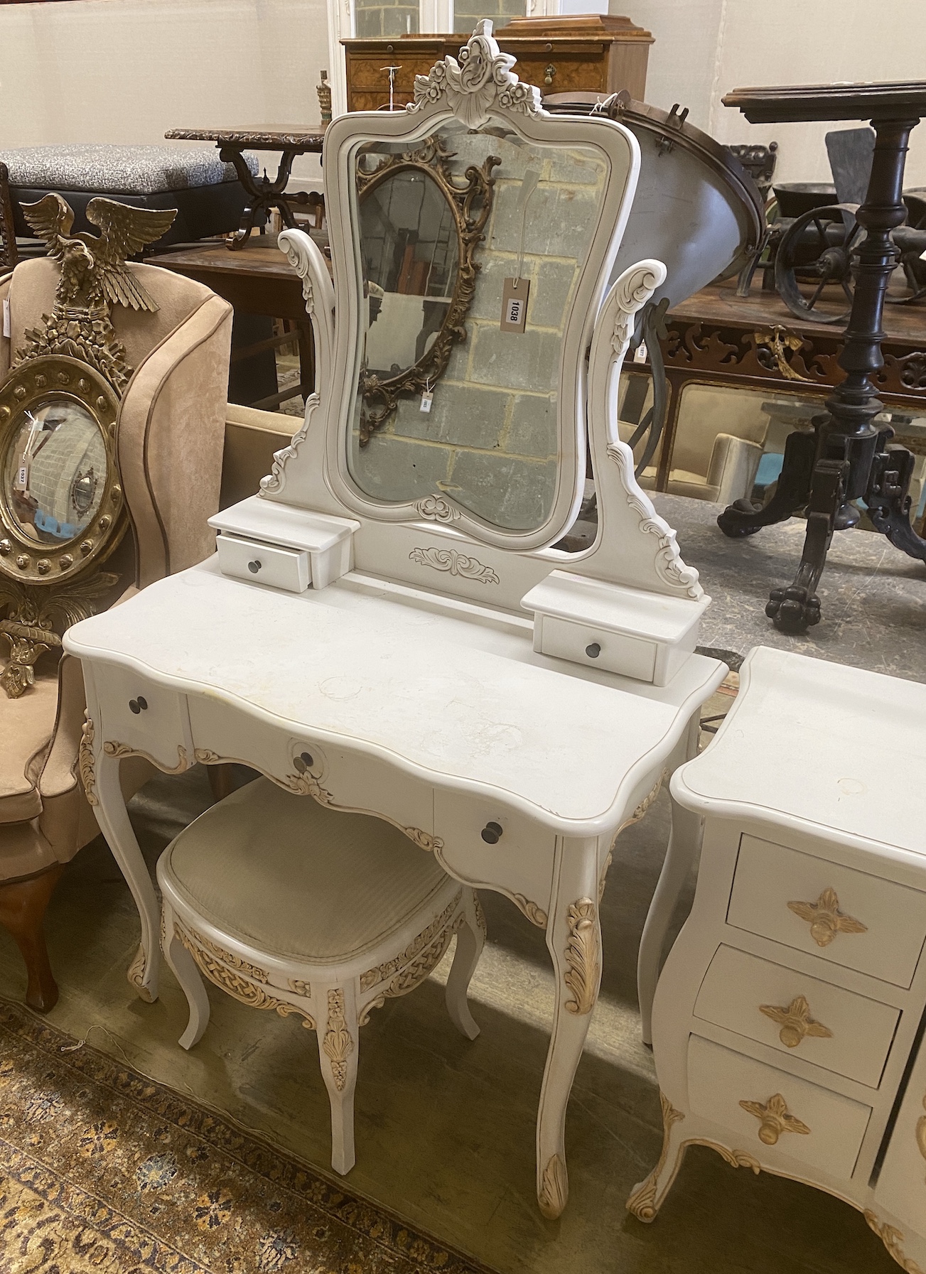 A contemporary painted dressing table, matching chest of drawers and dressing stool, larger width 90cm, depth 45cm, height 156cm